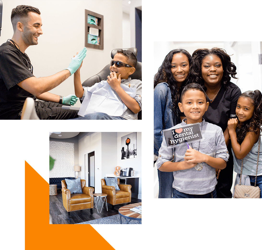 A mixture of images from the office including people smiling and your North Carolina dentist high-fiving a child
